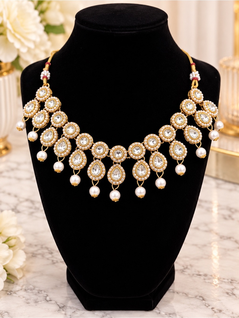 Indian Jewelry Choker Kundan Crystal Pearls Adjustable Necklace